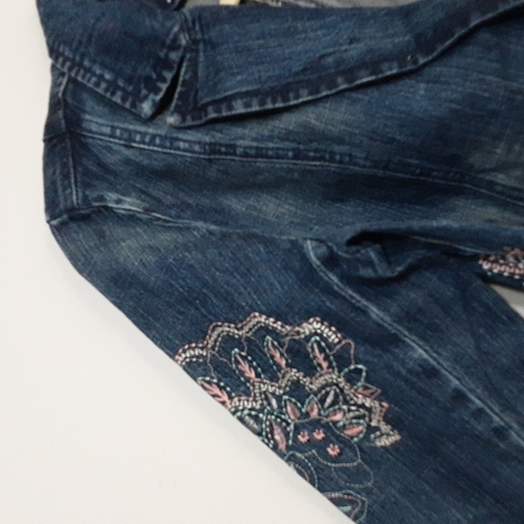 Pzi jean women denim jacket in size M embroidery accent belted boho festival Y2K - Picture 5 of 10